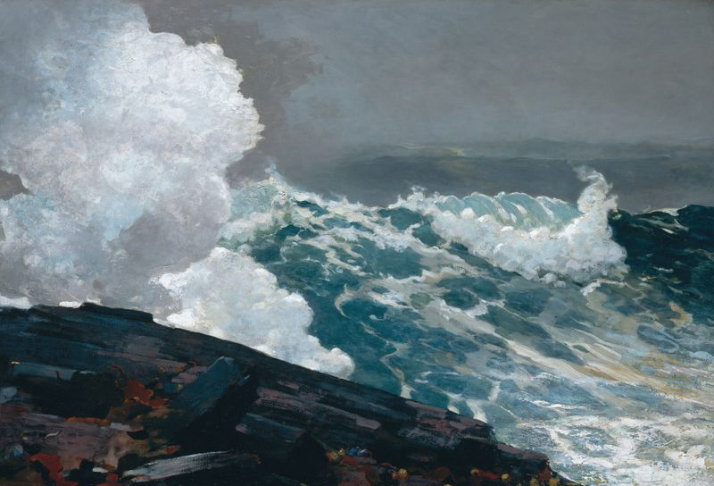 Northeaster de Winslow Homer, óleo de um mar tempestuoso com nuvens escuras.