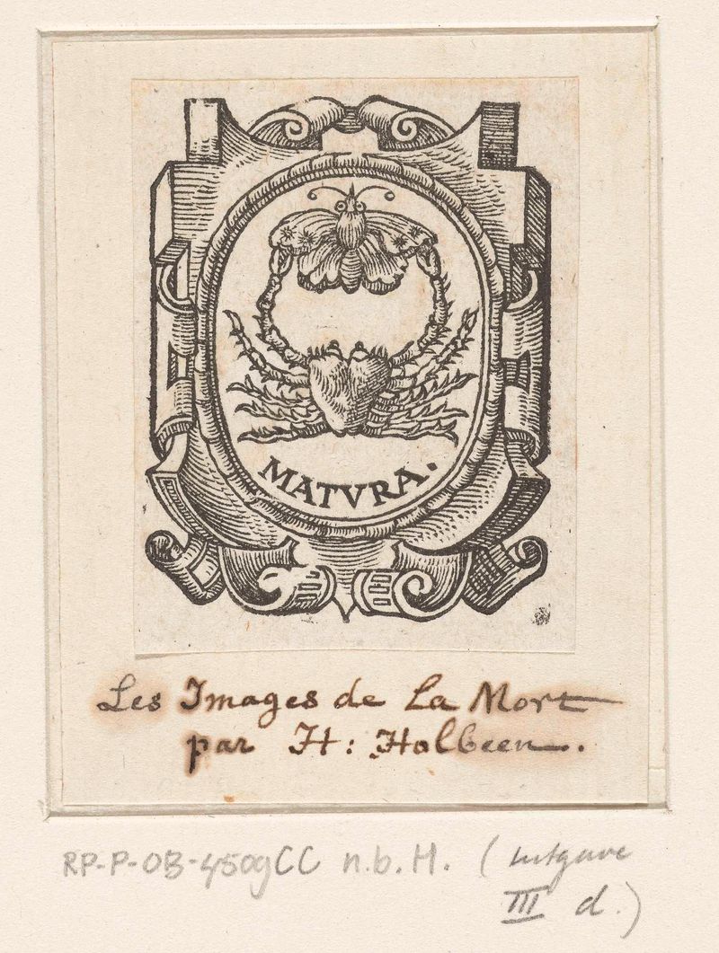 Embleem met krab en vlinder, gravura em papel de Hans Holbein