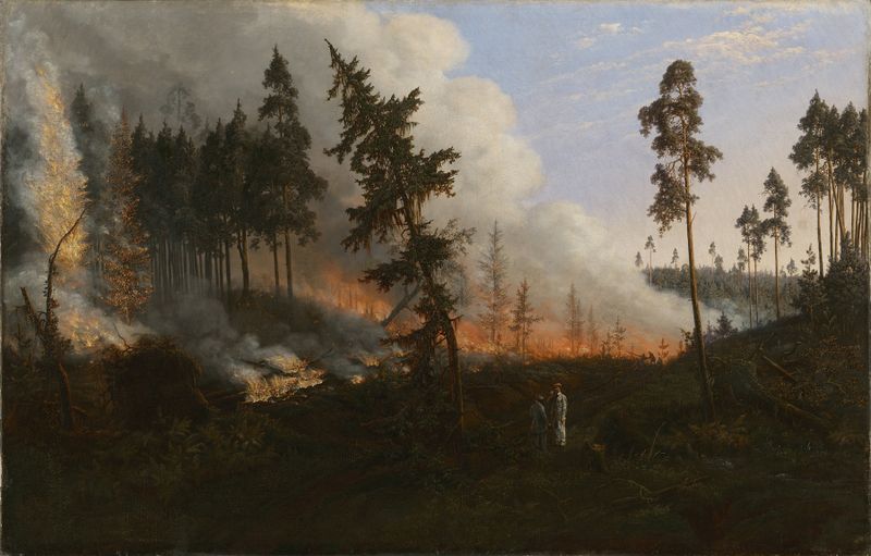 Incendio forestal de Vincentas Dmachauskas, mostrando árboles carbonizados contra un cielo dramático, óleo