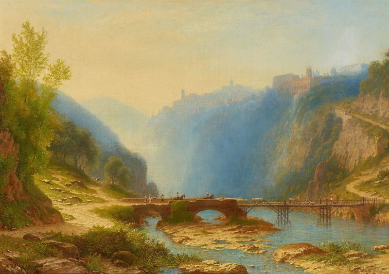 Brücke über den Aniene unterhalb von Tivoli, óleo sobre lienzo de Carl Morgenstern
