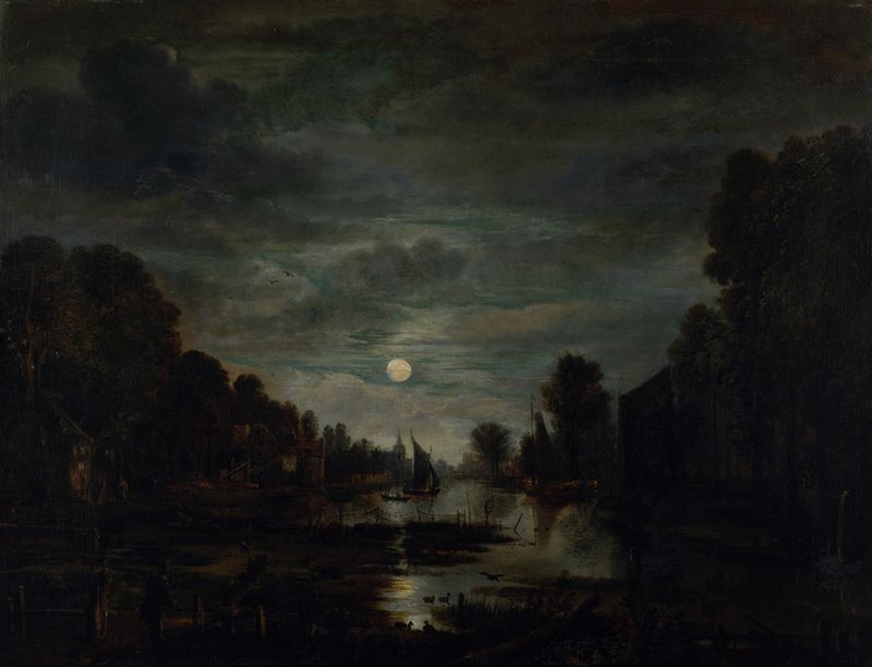 River Landscape in Moonlight, oil painting by Aert van der Neer