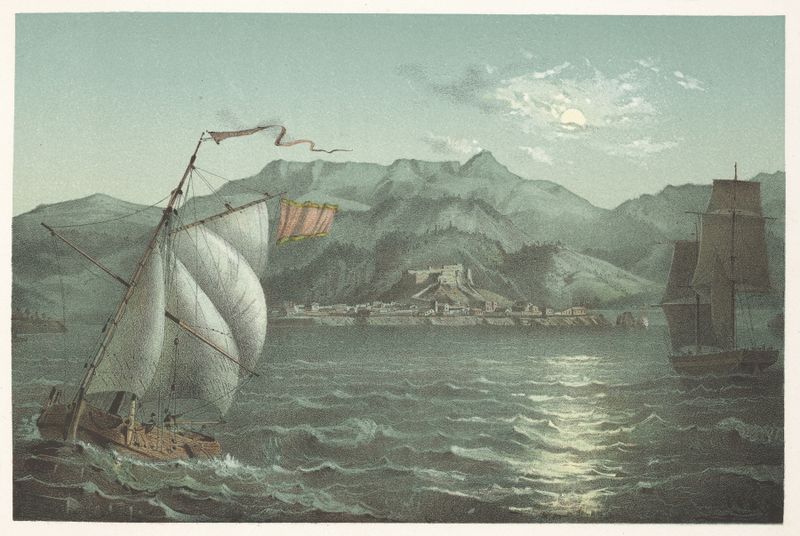 Landscape with mountains and sea, oil painting by Pierre Toussaint Frédéric Mialhe, 1855