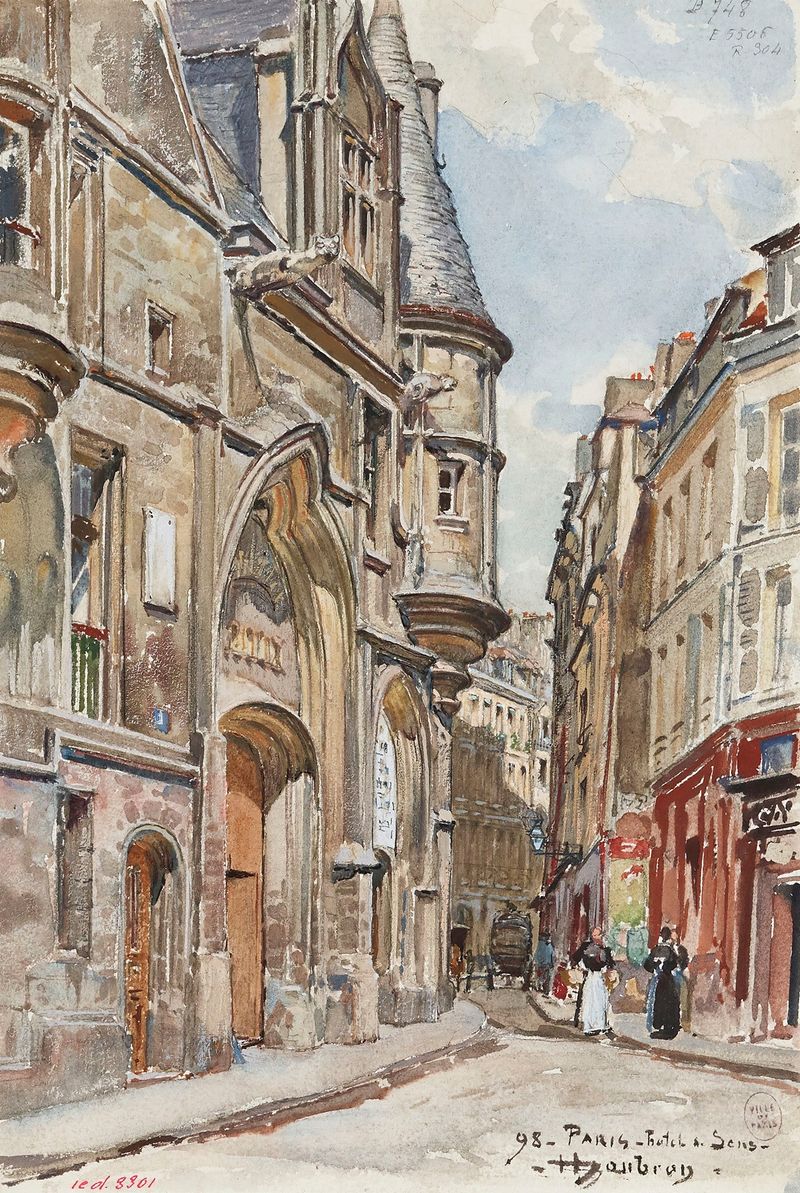 l’Hôtel de Sens, oil on canvas by Frédéric Houbron, depicting a warm urban scene