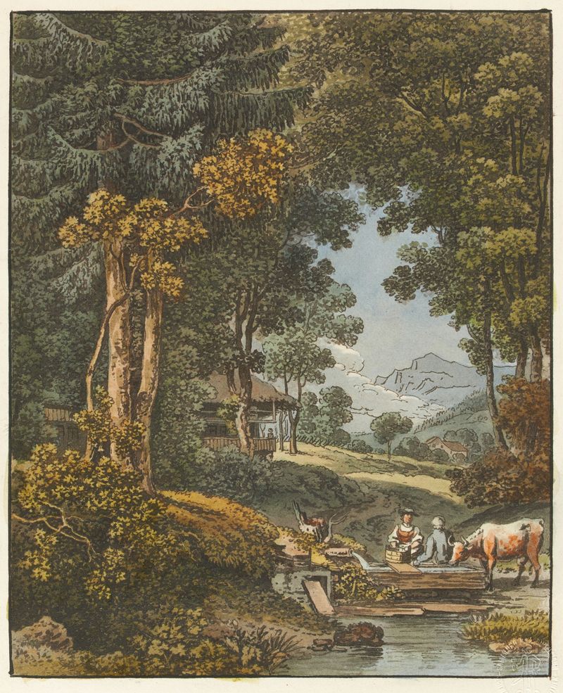 Engraving by Johann Ludwig Aberli depicting a landscape with foliage and characters.