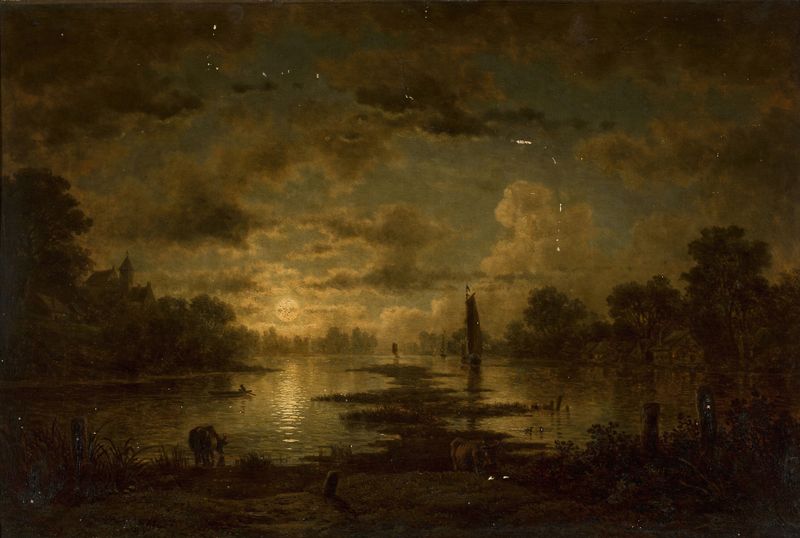 Moonlit night landscape with lake, oil painting by Georg Eduard Otto Saal