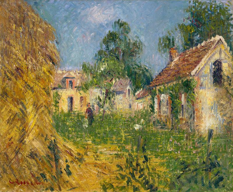Pintura a óleo de uma casa de campo cercada por campos e nuvens de Gustave Loiseau
