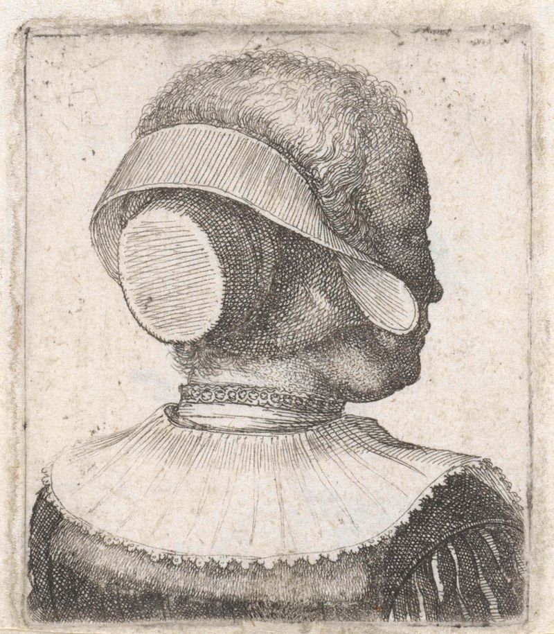 Grabado de Wenceslaus Hollar que muestra a una mujer con un delicado tocado.
