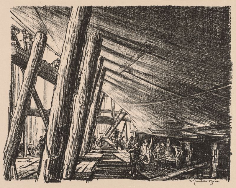 Historical scene of workers and machinery in ink on paper by Muirhead Bone
