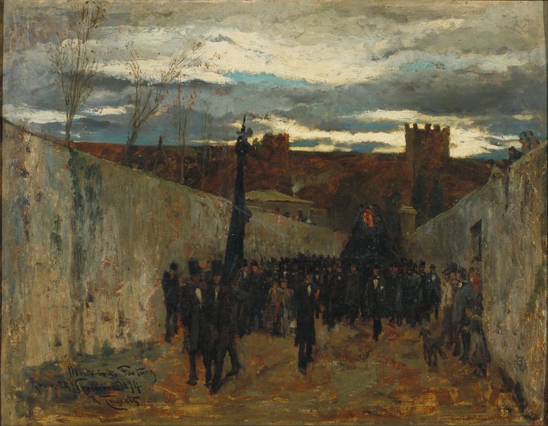 Burial of Fortuny by Ramón Tusquets, oil painting depicting a dark figure in mourning.