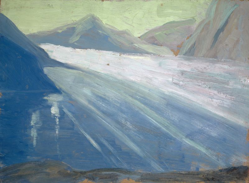 View on the Aletsch Glacier II, pintura a óleo de Ernst Schiess, retratando montanhas geladas e uma paisagem serena.