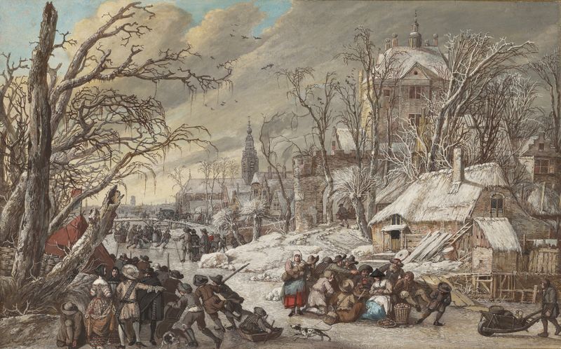 Figures on a Frozen Canal by Gerrit Battem, oil painting depicting figures on ice.