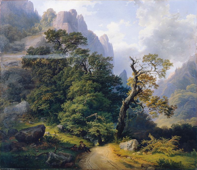Berglandschaft by Joseph Holzer, oil on canvas depicting mountains and valleys.