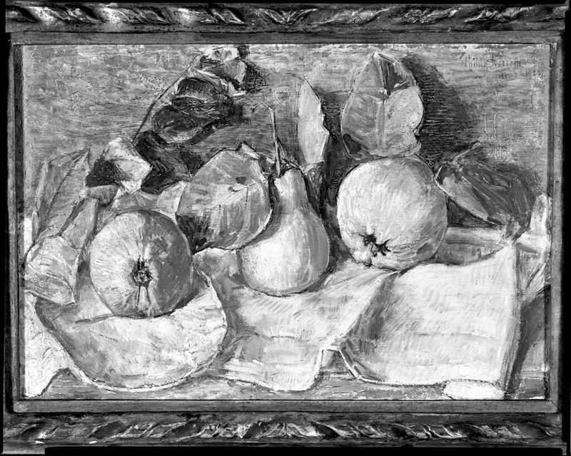Natureza Morta com Frutas de Childe Hassam, óleo sobre painel, com pêssegos e maçãs.