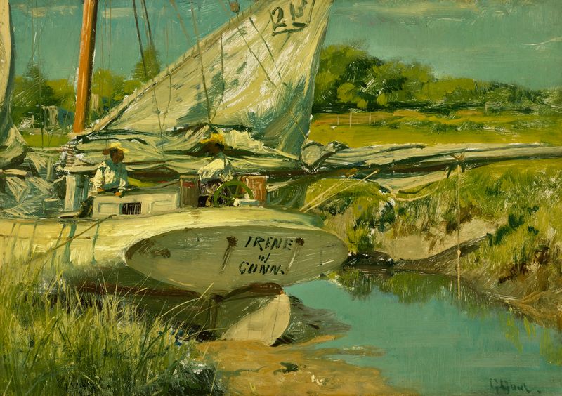 Pintura al óleo de un barco de ostras en Long Island Sound por Gilbert Gaul