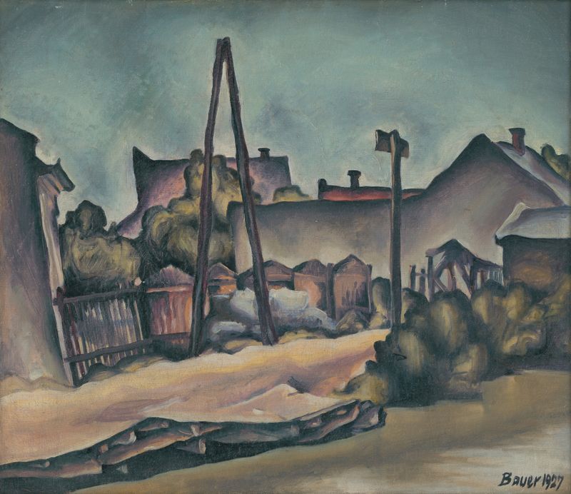Landscape oil painting by Konštantín Bauer depicting a serene countryside.