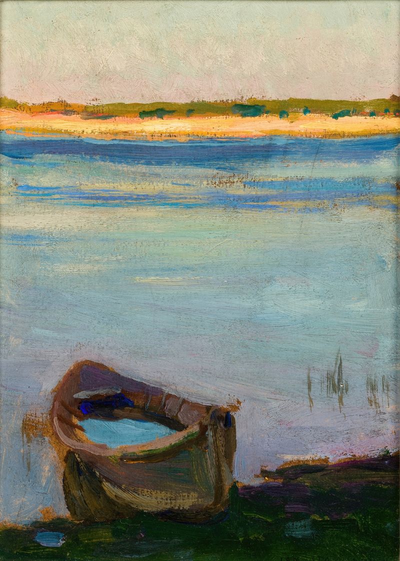 Small Boat on the River de Jan Stanisławski, pintura a óleo que mostra um barco deslizando sobre a água