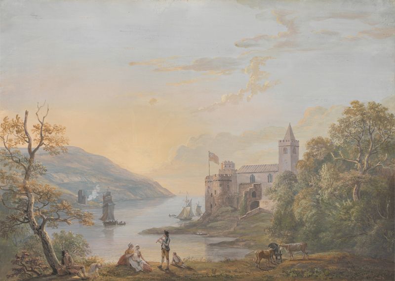 Dartmouth Castle, aquarela sobre papel de Paul Sandby, com paredes de pedra e um céu azul.