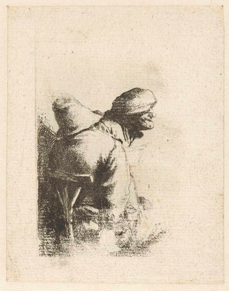 Gravura de Cornelis Pietersz. Bega mostrando um homem com chapéu, vista de costas.