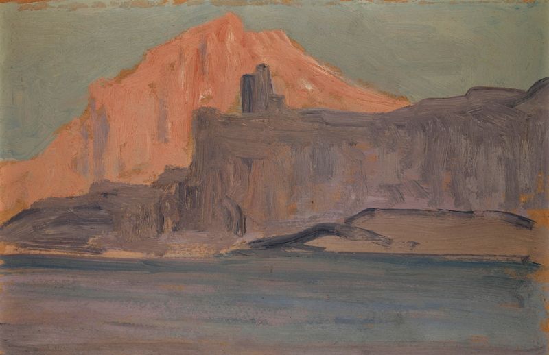 Cena marinha com mar, costa rochosa e castelo de Ernst Schiess.