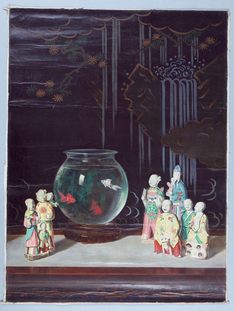 Still Life with Fishbowl and Figurines by Kanji Nakamura, oil on canvas depicting fishbowl and figurines