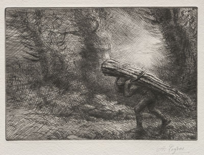 O Retorno à Cabana de Alphonse Legros, óleo sobre tela que retrata uma cabana cercada por árvores.
