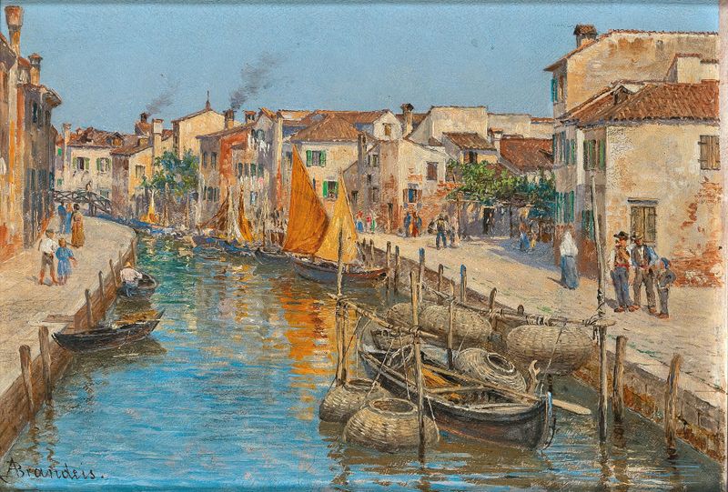 Paisaje de Venecia de Antonietta Brandeis, óleo sobre lienzo, con vibrantes reflexiones en el agua