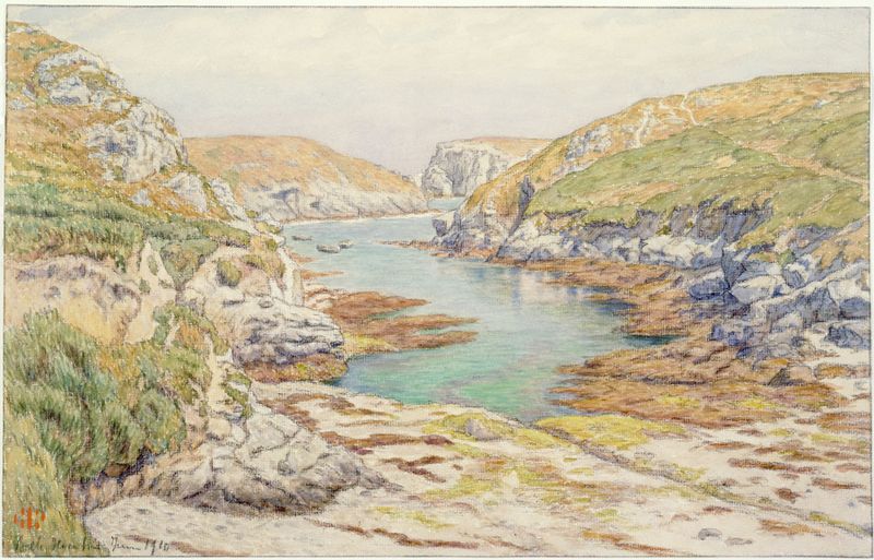 Cena marinha de Henri Rivière, retratando ondas e uma costa serena, pintura a óleo, 1910