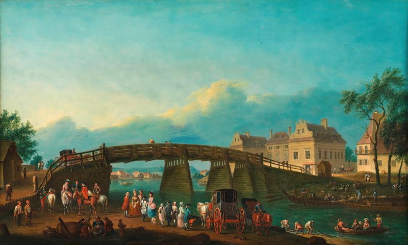 Die alte Augartenbrücke, Romanticismo, Unknown Artist, representa un puente de piedra desgastado sobre un río.