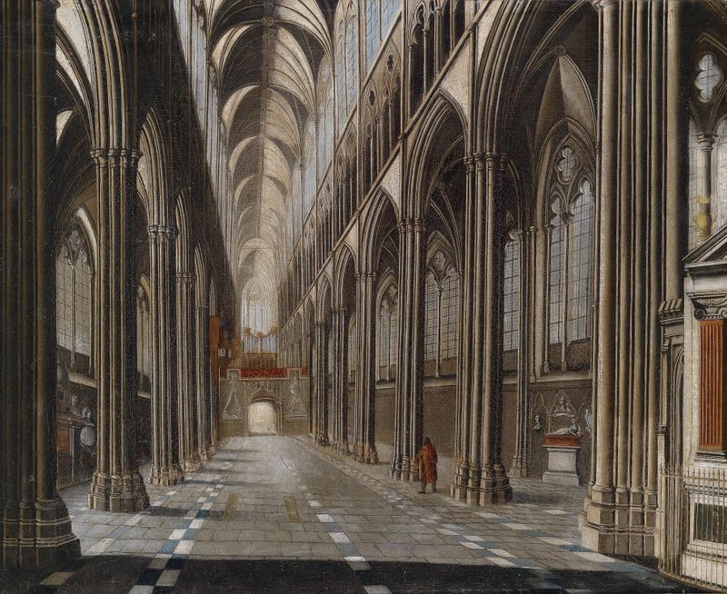 Gothic interior with soaring vaults and stained glass by Christian Stöcklin