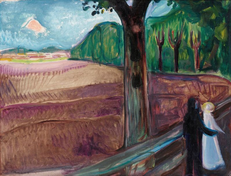 Pintura figurativa a óleo de Edvard Munch retratando uma figura serena em uma paisagem noturna.