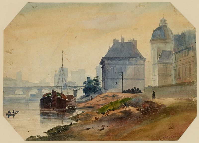 Seine devant l’Institut de France by Henri Jean Baptiste Levis, oil painting depicting twilight reflections.