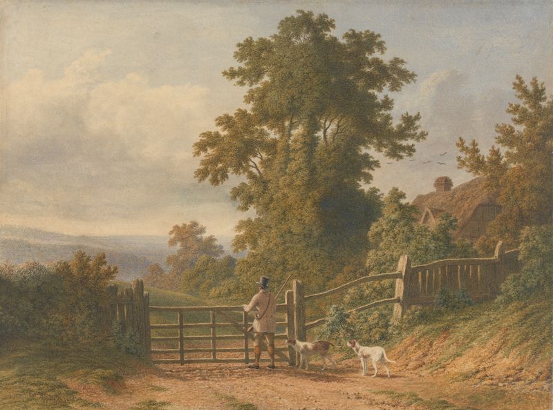 Figurative oil painting by Patrick Nasmyth depicting a sportsman with dogs in a landscape.