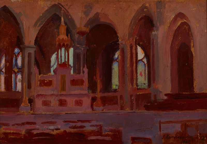 Interior de una Iglesia de Jerzy Karszniewicz, pintura al óleo que muestra luz de velas y detalles arquitectónicos