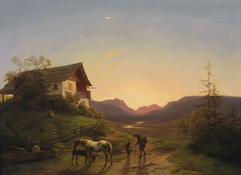 Twilight landscape painting by Ignaz Raffalt, showcasing rich hues and a serene atmosphere.