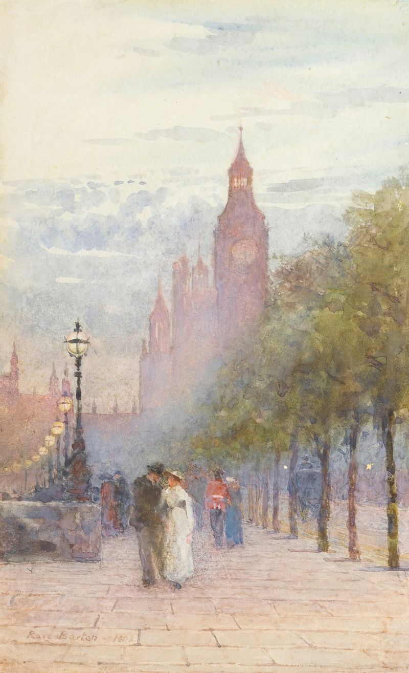 Casas do Parlamento e Westminster, pintura a óleo de Rose Barton