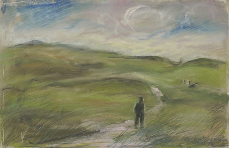 Dunes in the Netherlands by Wilhelm Gutmann, oil painting showing soft dunes and a cloudy sky.