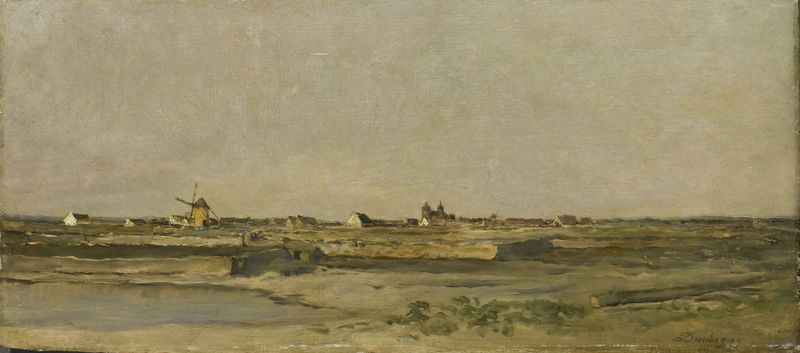 Paisagem de Charles François Daubigny, óleo sobre tela mostrando campos verdes e colinas sob um céu tranquilo.