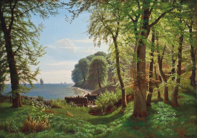A hidden woodland cove by Eiler Rasmussen Eilersen, oil painting depicting lush greenery and soft sunlight.