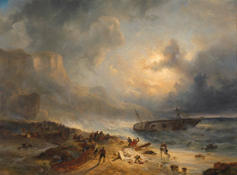 Shipwreck off a Rocky Coast by Wijnand Nuijen, oil painting depicting a shipwreck during a storm