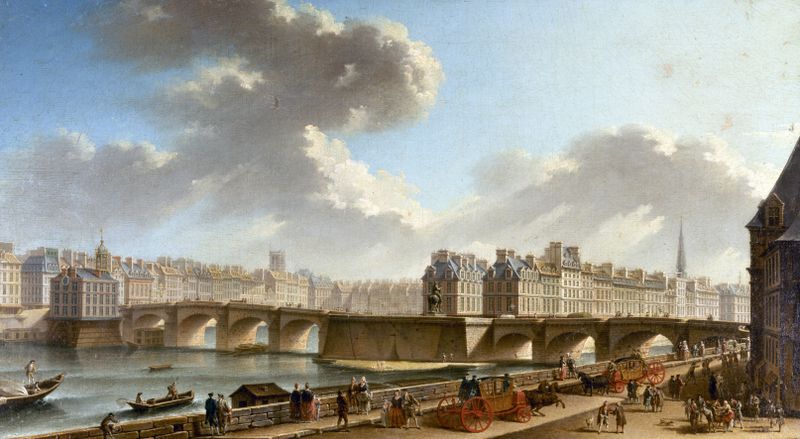 Le Pont-Neuf Et La Cité by Nicolas Jean-Baptiste Raguenet, oil on canvas showing a tranquil landscape.