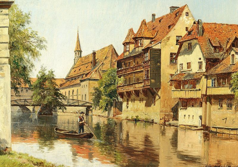 Expressionism painting by August Fischer depicting a man in a boat on a river.