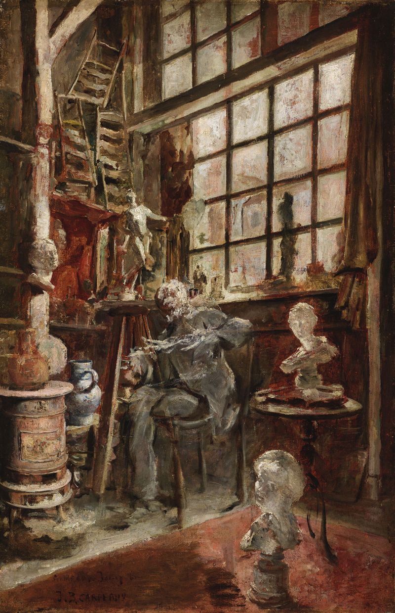 Interior scene of an artist in his studio, oil on canvas by Jean Baptiste Carpeaux.
