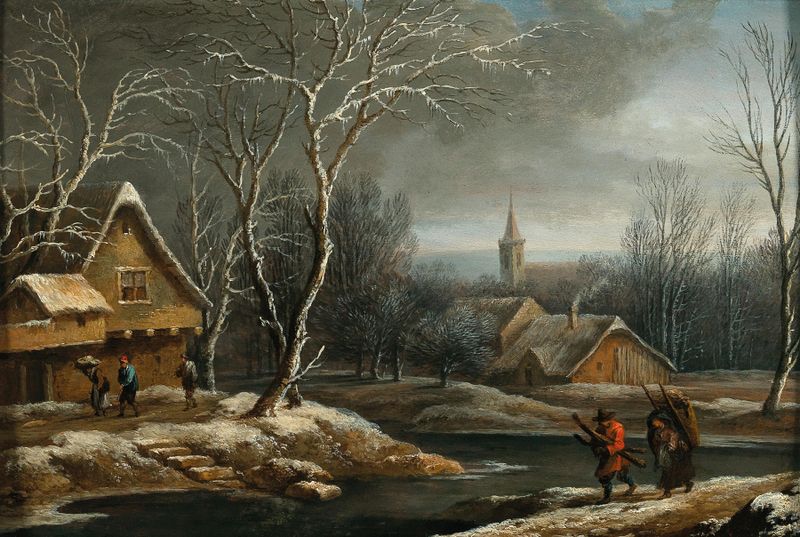 A winter landscape with peasants gathering wood, oil painting by Jacques d'Arthois