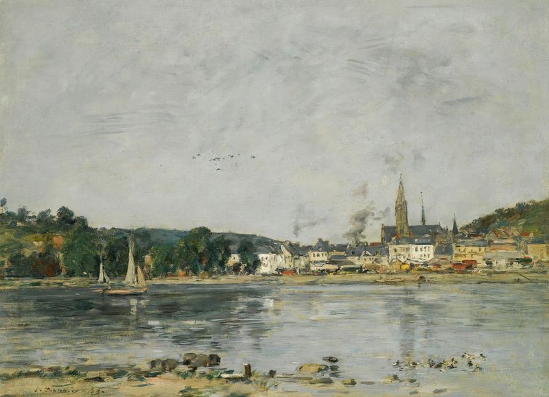 Caudebec-En-Caux, Le Quai De La Seine de Eugène Boudin, pintura a óleo que retrata uma paisagem fluvial tranquila