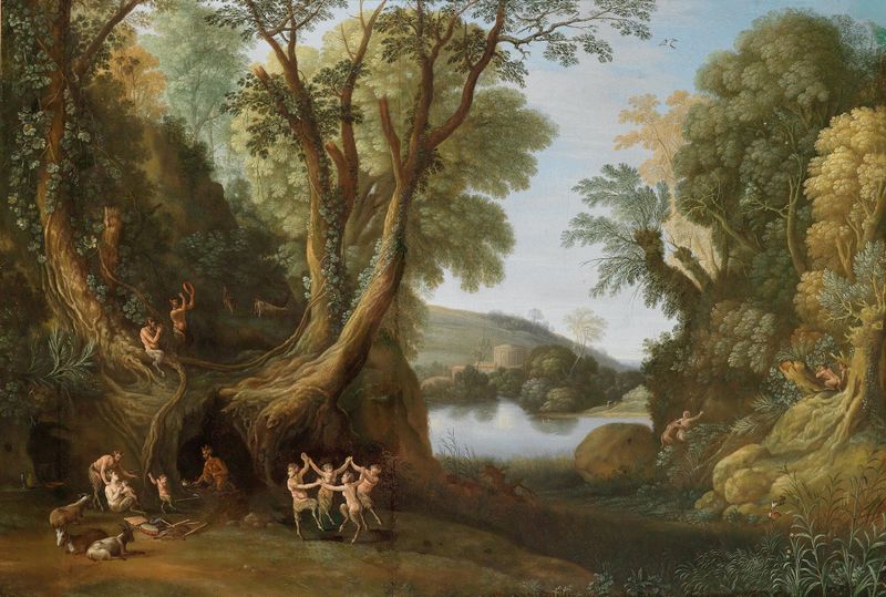 Fauns in a wooded landscape, óleo sobre lienzo de Paul Bril