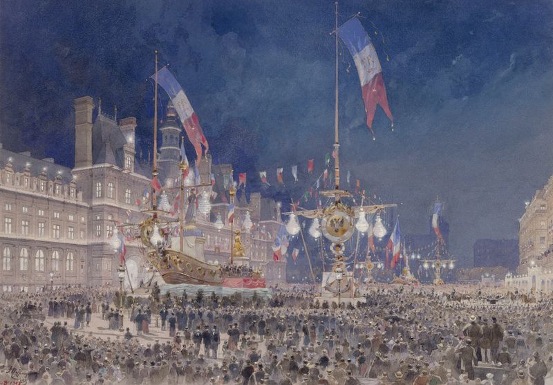 Illuminations de l’Hôtel de Ville, óleo sobre tela de Fédor Hoffbauer, retratando uma cena festiva noturna.