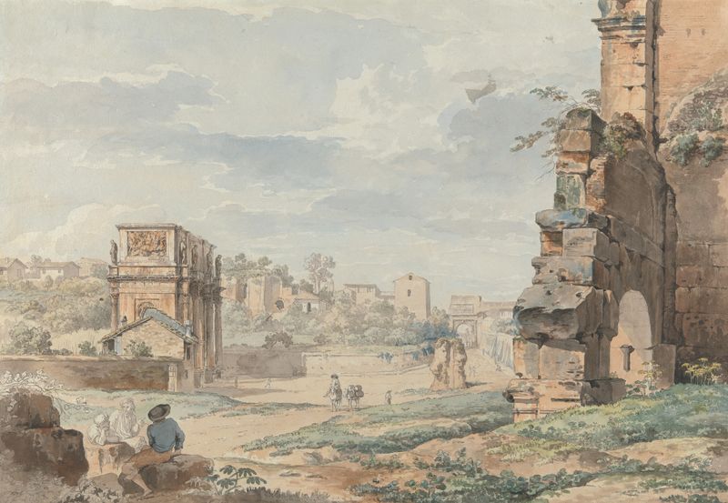 Oil on canvas by Carlo Labruzzi depicting the Colosseum and distant arches in Rome