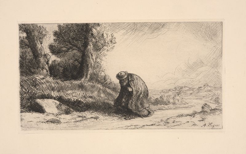 Um vagabundo caminhando por uma trilha, óleo sobre tela de Alphonse Legros