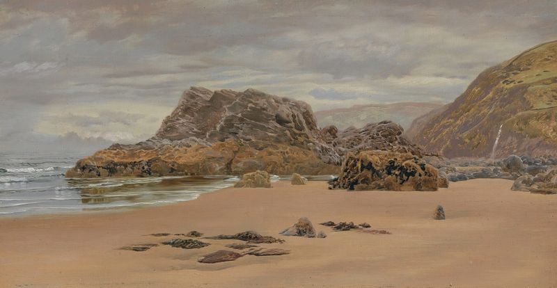 Low Water, Springs de John Brett, pintura al óleo que muestra un paisaje sereno con un arroyo y luz dorada.