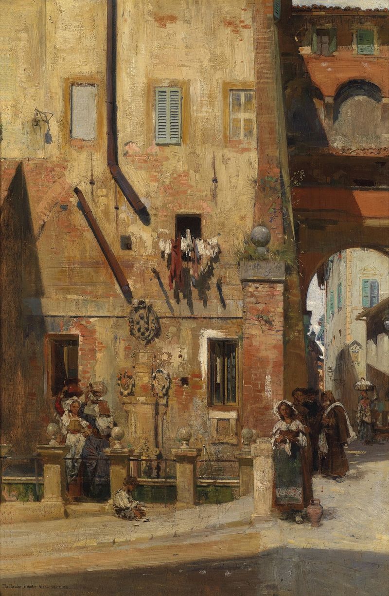 Gasse in Siena de Theodor Josef Ethofer, realismo, retratando uma rua estreita com paralelepípedos e cores quentes.